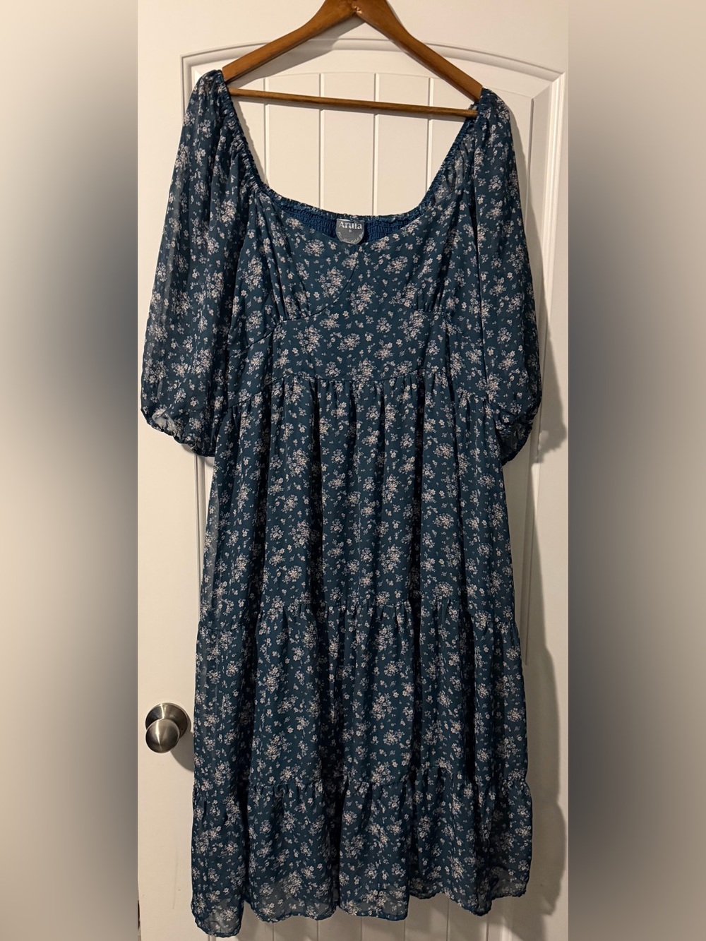 ARULA Teal Blue Floral Puff-Sleeve Tiered Flowy Midi/Maxi Dress Size B or 2X
